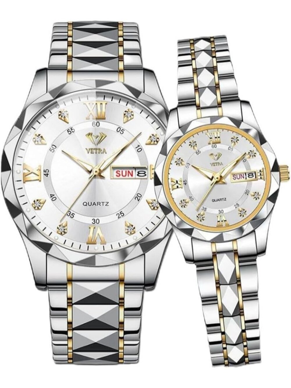 Couple’s Two tone band and White dial Luxury Diamond Waterproof Quartz Watches